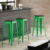 Lancaster Table & Seating Alloy Series Green Metal Indoor Industrial Cafe Bar Height Stool with Black Wood Seat