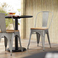 Lancaster Table & Seating Alloy Series Silver Metal Indoor Industrial Cafe Chair with Vertical Slat Back and Natural Wood Seat