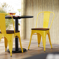 Lancaster Table & Seating Alloy Series Yellow Metal Indoor Industrial Cafe Chair with Vertical Slat Back and Walnut Wood Seat