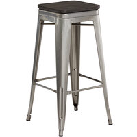 Lancaster Table & Seating Alloy Series Clear Coated Metal Indoor Industrial Cafe Bar Height Stool with Black Wood Seat
