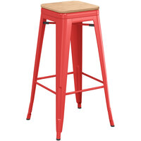 Lancaster Table & Seating Alloy Series Ruby Red Indoor Backless Barstool with Natural Wood Seat