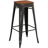 Lancaster Table & Seating Alloy Series Distressed Black Indoor Backless Barstool with Walnut Wood Seat