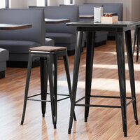 Lancaster Table & Seating Alloy Series Distressed Black Metal Indoor Industrial Cafe Bar Height Stool with Walnut Wood Seat