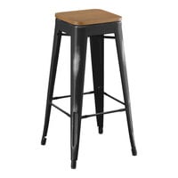 Lancaster Table & Seating Alloy Series Distressed Onyx Black Indoor Backless Barstool with Walnut Wood Seat