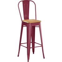 Lancaster Table & Seating Alloy Series Sangria Metal Indoor Industrial Cafe Bar Height Stool with Vertical Slat Back and Natural Wood Seat