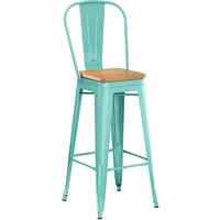 Lancaster Table & Seating Alloy Series Seafoam Metal Indoor Industrial Cafe Bar Height Stool with Vertical Slat Back and Natural Wood Seat