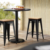 Lancaster Table & Seating Alloy Series Black Metal Indoor Industrial Cafe Counter Height Stool with Natural Wood Seat