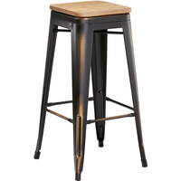 Lancaster Table & Seating Alloy Series Distressed Copper Metal Indoor Industrial Cafe Bar Height Stool with Natural Wood Seat