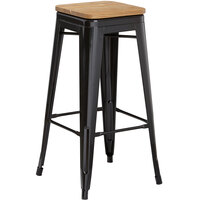 Lancaster Table & Seating Alloy Series Black Metal Indoor Industrial Cafe Bar Height Stool with Natural Wood Seat