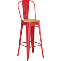 Lancaster Table & Seating Alloy Series Red Metal Indoor Industrial Cafe Bar Height Stool with Vertical Slat Back and Natural Wood Seat