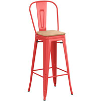 Lancaster Table & Seating Alloy Series Ruby Red Indoor Cafe Barstool with Natural Wood Seat
