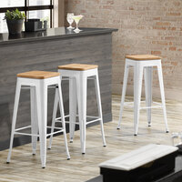 Lancaster Table & Seating Alloy Series White Metal Indoor Industrial Cafe Bar Height Stool with Natural Wood Seat
