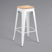 Lancaster Table & Seating Alloy Series White Metal Indoor Industrial Cafe Bar Height Stool with Natural Wood Seat