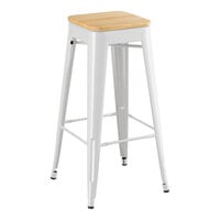 Lancaster Table & Seating Alloy Series Pearl White Indoor Backless Barstool with Natural Wood Seat