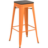 Lancaster Table & Seating Alloy Series Orange Metal Indoor Industrial Cafe Bar Height Stool with Black Wood Seat
