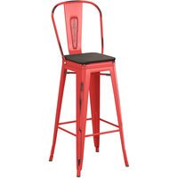 Lancaster Table & Seating Alloy Series Distressed Red Metal Indoor Industrial Cafe Bar Height Stool with Vertical Slat Back and Black Wood Seat