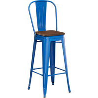 Lancaster Table & Seating Alloy Series Blue Metal Indoor Industrial Cafe Bar Height Stool with Vertical Slat Back and Walnut Wood Seat