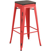 Lancaster Table & Seating Alloy Series Distressed Red Metal Indoor Industrial Cafe Bar Height Stool with Black Wood Seat