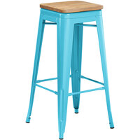 Lancaster Table & Seating Alloy Series Arctic Blue Metal Indoor Industrial Cafe Bar Height Stool with Natural Wood Seat