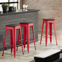 Lancaster Table & Seating Alloy Series Red Metal Indoor Industrial Cafe Bar Height Stool with Black Wood Seat