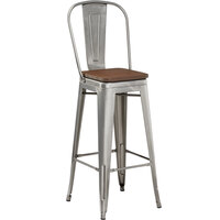 Lancaster Table & Seating Alloy Series Clear Coated Metal Indoor Industrial Cafe Bar Height Stool with Vertical Slat Back and Walnut Wood Seat