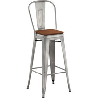 Lancaster Table & Seating Alloy Series Clear Coat Indoor Cafe Barstool with Walnut Wood Seat