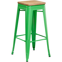 Lancaster Table & Seating Alloy Series Green Metal Indoor Industrial Cafe Bar Height Stool with Natural Wood Seat