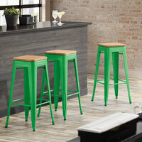 Lancaster Table & Seating Alloy Series Green Metal Indoor Industrial Cafe Bar Height Stool with Natural Wood Seat