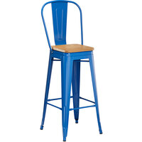Lancaster Table & Seating Alloy Series Blue Metal Indoor Industrial Cafe Bar Height Stool with Vertical Slat Back and Natural Wood Seat