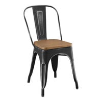 Lancaster Table & Seating Alloy Series Distressed Onyx Black Indoor Cafe Chair with Walnut Wood Seat