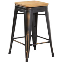 Lancaster Table & Seating Alloy Series Distressed Copper Metal Indoor Industrial Cafe Counter Height Stool with Natural Wood Seat