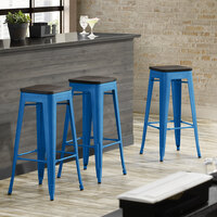 Lancaster Table & Seating Alloy Series Blue Metal Indoor Industrial Cafe Bar Height Stool with Black Wood Seat