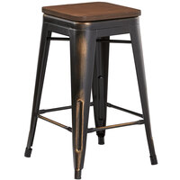 Lancaster Table & Seating Alloy Series Distressed Copper Metal Indoor Industrial Cafe Counter Height Stool with Walnut Wood Seat
