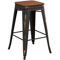 Lancaster Table & Seating Alloy Series Distressed Copper Indoor Backless Counter Height Stool with Walnut Wood Seat