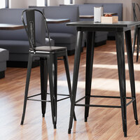 Lancaster Table & Seating Alloy Series Distressed Black Metal Indoor Industrial Cafe Bar Height Stool with Vertical Slat Back and Black Wood Seat