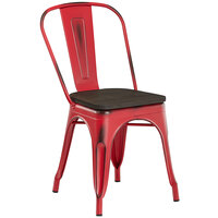 Lancaster Table & Seating Alloy Series Distressed Red Metal Indoor Industrial Cafe Chair with Vertical Slat Back and Black Wood Seat