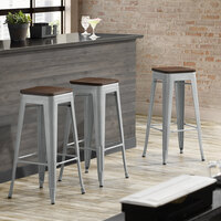 Lancaster Table & Seating Alloy Series Silver Metal Indoor Industrial Cafe Bar Height Stool with Walnut Wood Seat