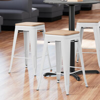 Lancaster Table & Seating Alloy Series White Metal Indoor Industrial Cafe Counter Height Stool with Natural Wood Seat