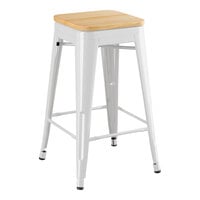 Lancaster Table & Seating Alloy Series Pearl White Indoor Backless Counter Height Stool with Natural Wood Seat