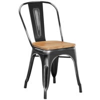 Lancaster Table & Seating Alloy Series Distressed Black Metal Indoor Industrial Cafe Chair with Vertical Slat Back and Natural Wood Seat