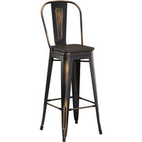 Lancaster Table & Seating Alloy Series Distressed Copper Metal Indoor Industrial Cafe Bar Height Stool with Vertical Slat Back and Black Wood Seat