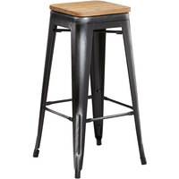 Lancaster Table & Seating Alloy Series Distressed Black Metal Indoor Industrial Cafe Bar Height Stool with Natural Wood Seat