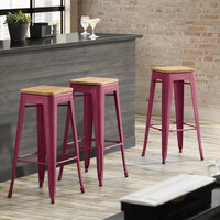 Lancaster Table & Seating Alloy Series Sangria Metal Indoor Industrial Cafe Bar Height Stool with Natural Wood Seat