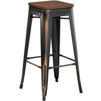 Lancaster Table & Seating Alloy Series Distressed Copper Metal Indoor Industrial Cafe Bar Height Stool with Walnut Wood Seat