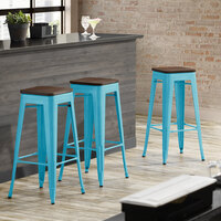 Lancaster Table & Seating Alloy Series Arctic Blue Metal Indoor Industrial Cafe Bar Height Stool with Walnut Wood Seat