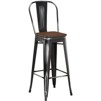 Lancaster Table & Seating Alloy Series Distressed Black Metal Indoor Industrial Cafe Bar Height Stool with Vertical Slat Back and Walnut Wood Seat