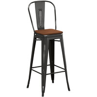 Lancaster Table & Seating Alloy Series Distressed Black Indoor Cafe Barstool with Walnut Wood Seat