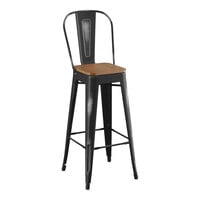 Lancaster Table & Seating Alloy Series Distressed Onyx Black Indoor Cafe Barstool with Walnut Wood Seat
