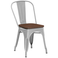 Lancaster Table & Seating Alloy Series Silver Metal Indoor Industrial Cafe Chair with Vertical Slat Back and Walnut Wood Seat