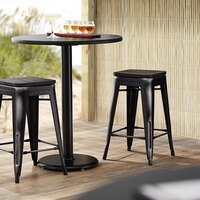 Lancaster Table & Seating Alloy Series Distressed Black Metal Indoor Industrial Cafe Counter Height Stool with Black Wood Seat